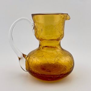 Vintage, Hand Blown, Crackle Glass, Amber Pitcher, by Blenko Glass Company